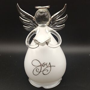 Vintage Hand blown GlassWhite and Silver Angel Figurine Ornament With "Joy"